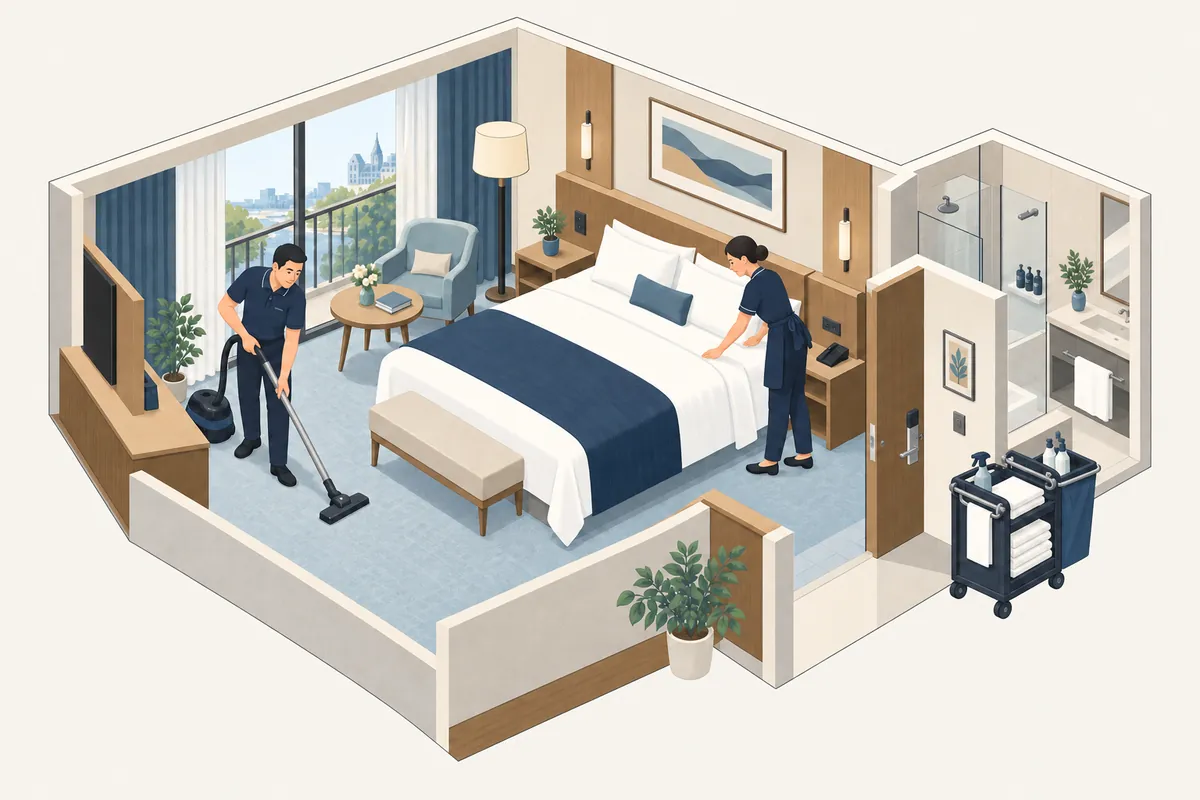 客室で2人のスタッフがベッドメイクと掃除機がけをしているイラスト